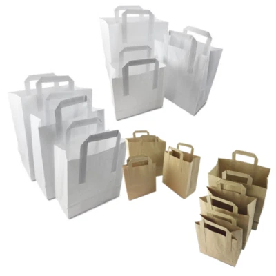 BROWN & WHITE PAPER CARRIER BAGS WITH HANDLES KRAFT SMALL MEDIUM LARGE SOS - Image 1 of 4