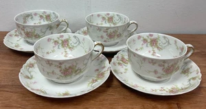 4er Set Haviland Limoges France Porzellan Tassen und Untertassen mit rosa Blumen - Bild 1 von 9