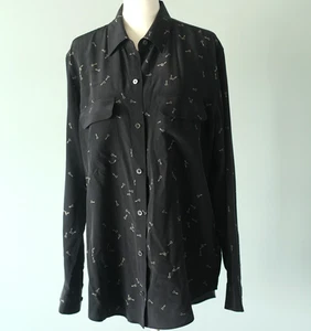 Camicetta donna Equipment taglia grande nera chiavi cuore 100% seta manica lunga top - Foto 1 di 23