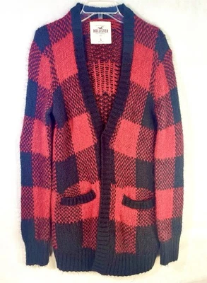 Hollister Mujer Talla L Rojo Negro Búfalo Cuadros Largo Suéter Cárdigan Bolsillos Foto 1 de 4