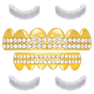 Iced Out GRILLZ 2 Row Gold Silver Tone Top Bottom Teeth Bling Extra Bar LS 019 - Picture 1 of 29