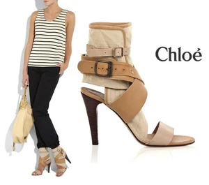 CHLOE SHOES SANDALS CANVAS LEATHER CUTOUT $650 sz 41 / 10.5 - Picture 1 of 10