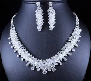 EXQUISITE CLEAR AUSTRIAN RHINESTONE CRYSTAL NECKLACE EARRINGS SET BRIDAL H319T - Picture 1 of 5