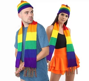Pride Multi Coloured Bobble Hat & Scarf Rainbow Mardi Gras Accessory Set LGBTQ - Picture 1 of 2