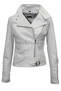 Designer Women's Soft White Genuine Lambskin Real Leather Jacket Motorcycle Coat - Picture 1 of 8