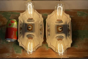 PAIR Vtg Art Deco Porcelain Flush Mount Wall Sconce, Ceiling Fixture Floral MCM - Picture 1 of 24
