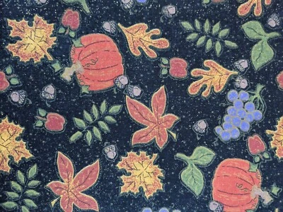 1 yard vintage calico cotton fabric, harvest leaves, pumpkins and grapes - Image 1 of 2