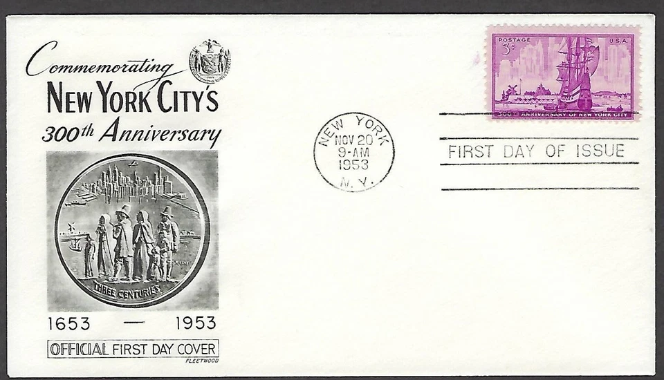 1027 Fleetwood Cachet FDC - New York City s 300th Anniversary, 1653-1953 - UA - Image 1 of 1
