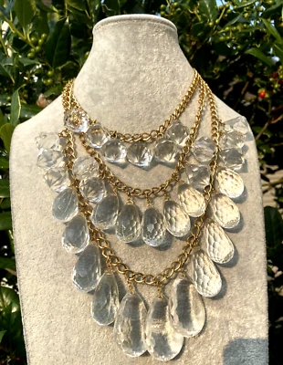 Clear Lucite Fringe Vintage Kitsch Necklace Faceted Heavy Bib Estate Jewelry - Image 1 of 4