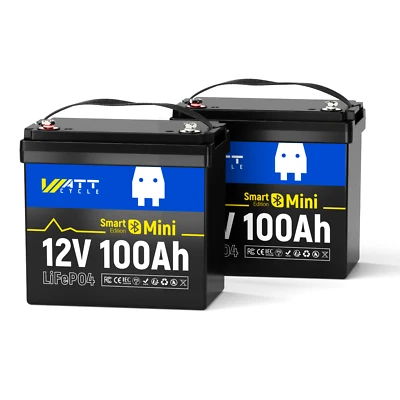 WattCycle 2Pack 12V 100Ah Mini LiFePO4 Lithium Battery Bluetooth For RV Off-grid