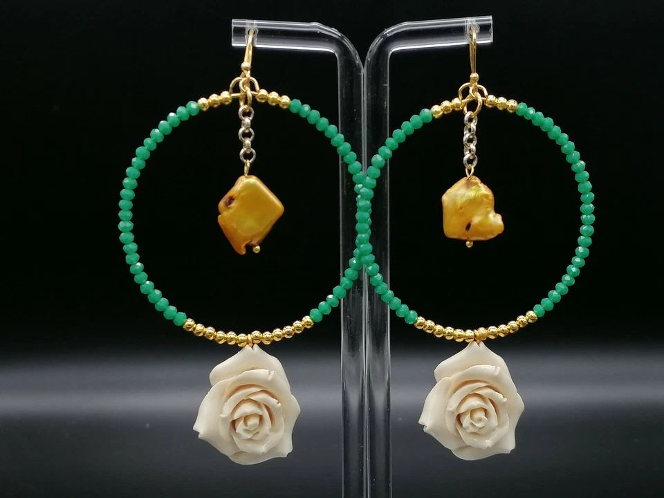 orecchini grandi cerchio da donna perle agata rose colore avorio FATTO IN ITALIA - Immagine 1 di 4