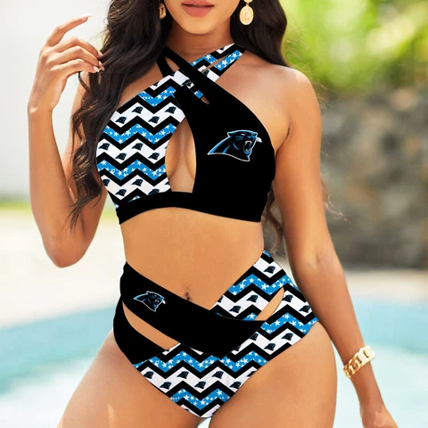 Carolina Panthers Women Crisscross Bikini Set High Waist Swimsuit Beach Swimwear Cover