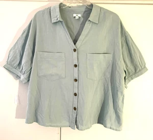 Camisa de campamento dip Terrific grande corta slv apagada gris/verde bolsillos cuello en V/cuello - Imagen 1 de 6