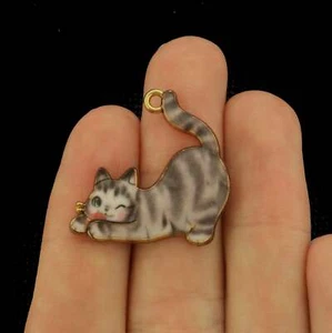 4 Grey Cat Gold Tone Enamel Charms - E1642 - Picture 1 of 1