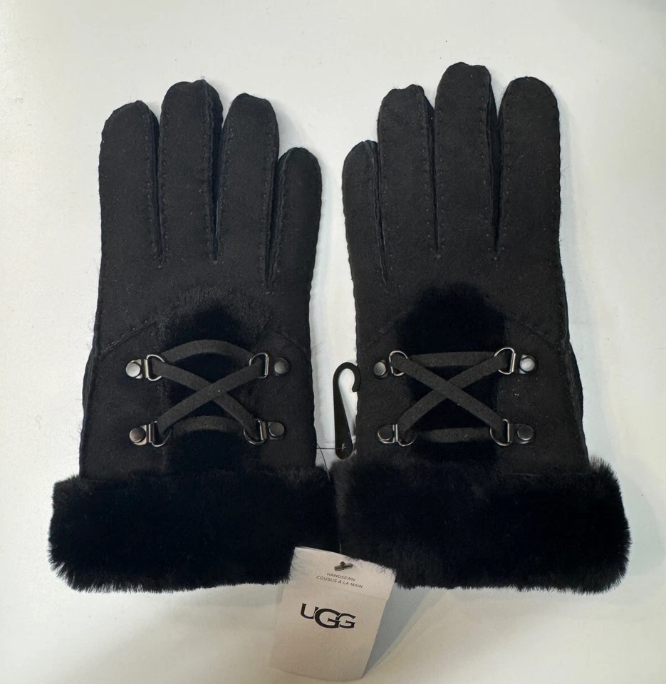Guantes UGG negros de piel de oveja grandes corsé de piel de oveja con cordones para mujer NUEVO Foto 1 de 4