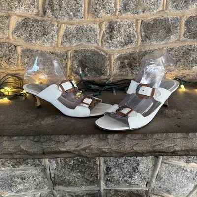 Ditto Van Eli White Leather Strap Sandal 8 1/2 Brown Buckles Slip On 2.5 in Heel - Image 1 of 4