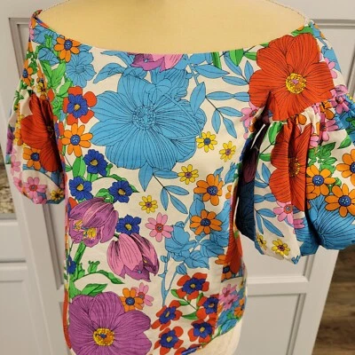 H&M Floral Print Blouse Bright Flowers Garden Print Puff Sleeve Cotton Size 4 - Image 1 of 4