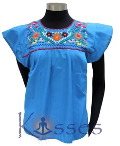 Mexican Peasant Blouse Hand Embroidered Top Colors Vintage Style Tunic - SkyBlue - Picture 1 of 8