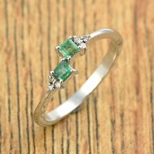Square Cut Natural Green Emerald Gemstone Sterling Silver Two-stone Ring
