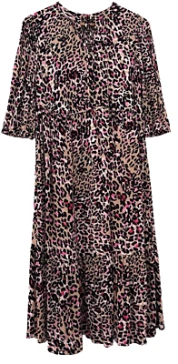 MARKS & SPENCER COLL.  PINK ANIMAL PRINT TIERED MIDI DRESS. 3/4 SLEEVES SIZE 14R - Image 1 of 4