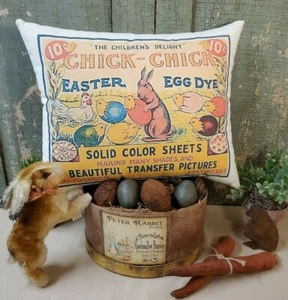 VINTAGE PRIMITIVE STYLE EASTER BUNNY RABBIT CHICK EGG DYE ADVERTISING PILLOW - Picture 1 of 10