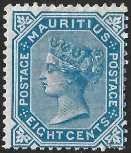 Mauritius 1879-80 QV 8c Blue - Wmk Crown CC  SG.94 Mint (Hinged) Cat:£50 - Picture 1 of 2