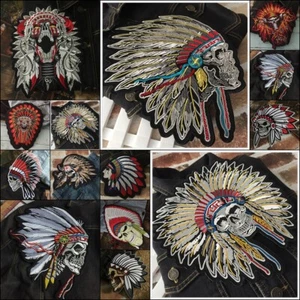 Indian Skull Biker Motorcycle Iron on Embroidered Jacket Vest Back Patch XL - Picture 1 of 24