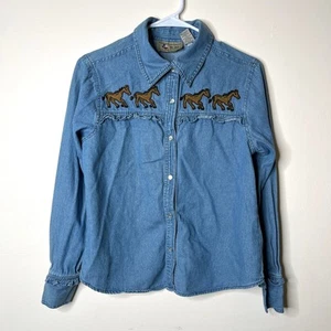 Vintage Denim Horse Shirt Girls 16 Jean Equestrian Button Up Blue Embroidered - Picture 1 of 6