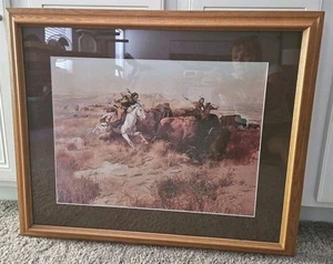 Impresión CM Russell "Buffalo Hunt". Bellamente enmarañado y enmarcado. Marco de roble 30x25 - Imagen 1 de 7
