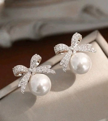 Holiday Christmas Small Bow & Pearl Stud Earrings Rhinestones & Faux Pearls - Image 1 of 4