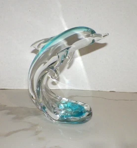VTG RONNEBY SWEDEN GLASS CLEAR & BLUE DOLPIN FIGURE SCULPTURE FIGURINE 10 1/2" - Picture 1 of 7