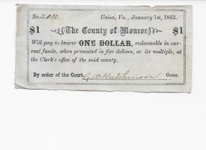 1863 Monroe County Union ,Virginia $1 Obsolete Note SIGNED Civil War Note RARE - Picture 1 of 2