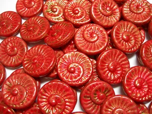 6 - 18mm Red Orange w/ Gold Luster Fossil Snail Spiral Czech Glass Coin Beads - Picture 1 of 2