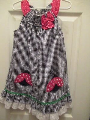 P18) Girls Emily Rose Size 5 Navy and White  With Red Accent Lady Bugs Dress - Image 1 of 4