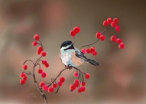 ACEO Limited Edition CHICKADEE & BERRIES by Sharon Sharpe!!!! - Picture 1 of 1