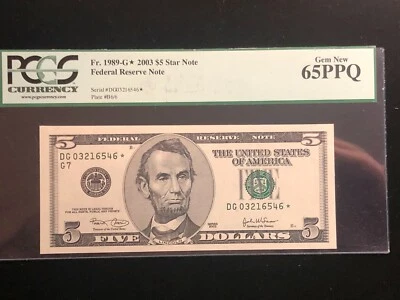 $5 2003 Star * Chicago PCGS Gem New 65PPQ #DG03216546* FRN Banknote Fr. 1989-G* - Image 1 of 4