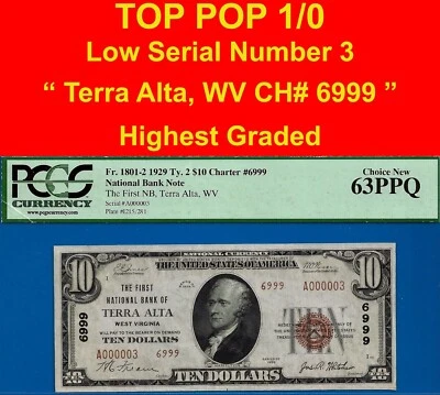 1929 $10 National Currency PCGS 63PPQ finest Terra Alta, West Virginia CH# 6999 - Image 1 of 4