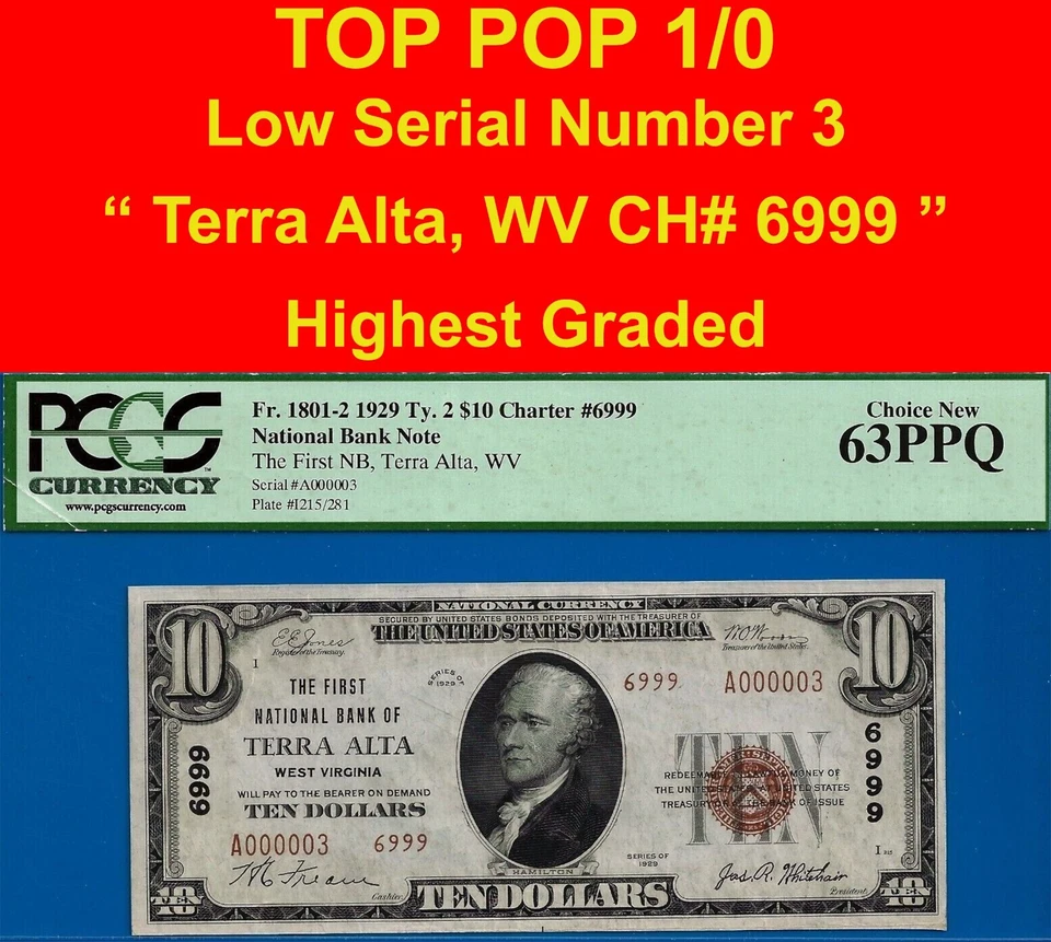 1929 $10 National Currency PCGS 63PPQ finest Terra Alta, West Virginia CH# 6999 - Image 1 of 4