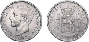 Spain 1883 1883 MSM 5 Pesetas Silver 900 AU - Picture 1 of 1