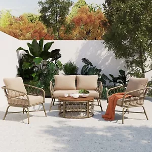 Boho-inspired 4-Person Outdoor Seating Group W/Removable Cushions,Wood Tabletop - Picture 1 of 18