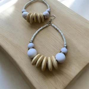 Women's Fashion Tan Statement  Beaded Oval Round Hoops Style Earrings Jewelry - Picture 1 of 8