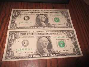 $1 1985 FANCY SERIAL NUMBER 4 OF A KIND TWO SEQUENTIAL #'s 11398113 & 11398114 - Picture 1 of 2