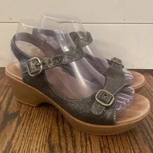 DANSKO Joanie Silver Leather Slingback Sandals 38 Platform Buckle Y2K Chunky - Picture 1 of 7