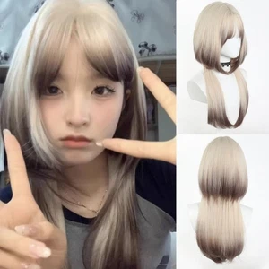 Synthetic Blonde Ombre Brown Wig Jellyfish Head Hime Cut Wig Daily Wear - Picture 1 of 12