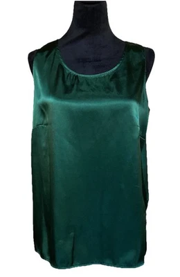 Basic Editions Vtg Green Silk Tank Top Blouse Women's LRG Scoop Neck Holiday 90s - Image 1 of 4