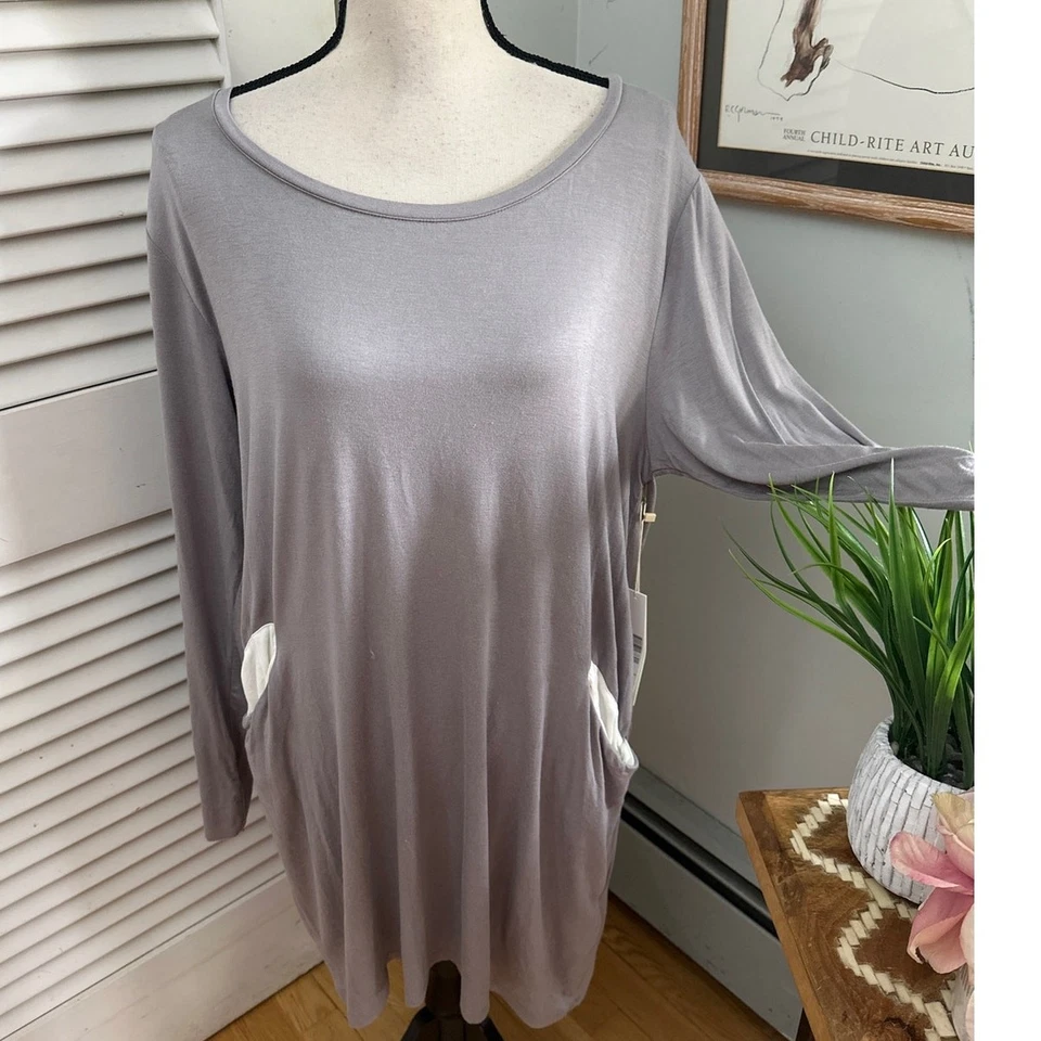 Vestido túnica GOTTEX para mujer gris manga larga jersey bolsillos playa informal L Foto 1 de 4