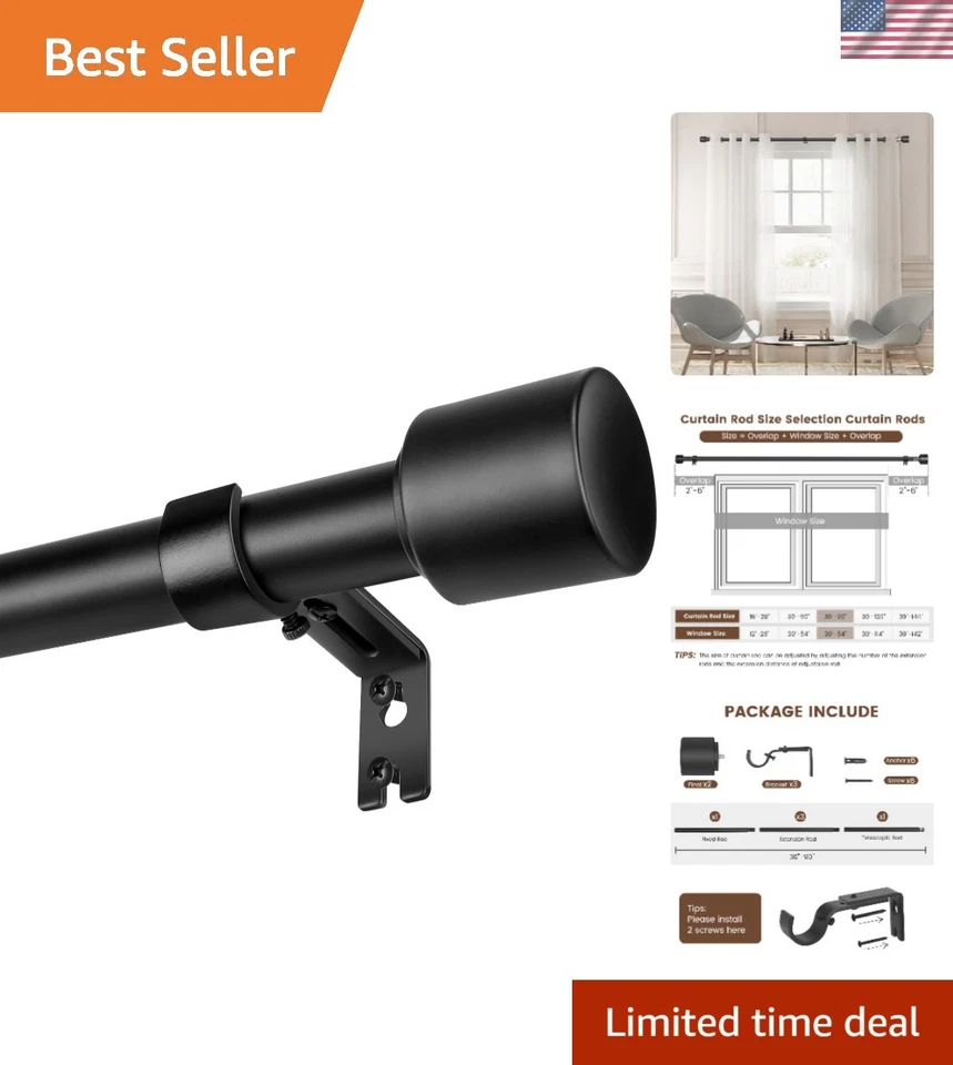 Varas de cortina pretas extra longas - 30-90 polegadas ajustáveis - Suporta cortinas pesadas - Imagem 1 de 4