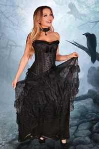 Black Brocade Lace Gothic Steel Boned Corset Waist Trainer With Ruffle Trim 2XL - Picture 1 of 5