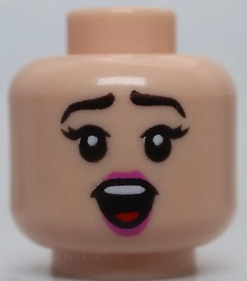 Lego Cabeza Doble Cara Mujer Cejas Negras Rosa Oscuro Labios Sorprendida Sonrisa Abierta Foto 1 de 2
