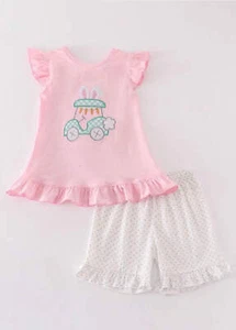 Girl's Boutique Pink Easter Bunny Golf Cart Applique 2 Piece Outfit Set Matching - Picture 1 of 9